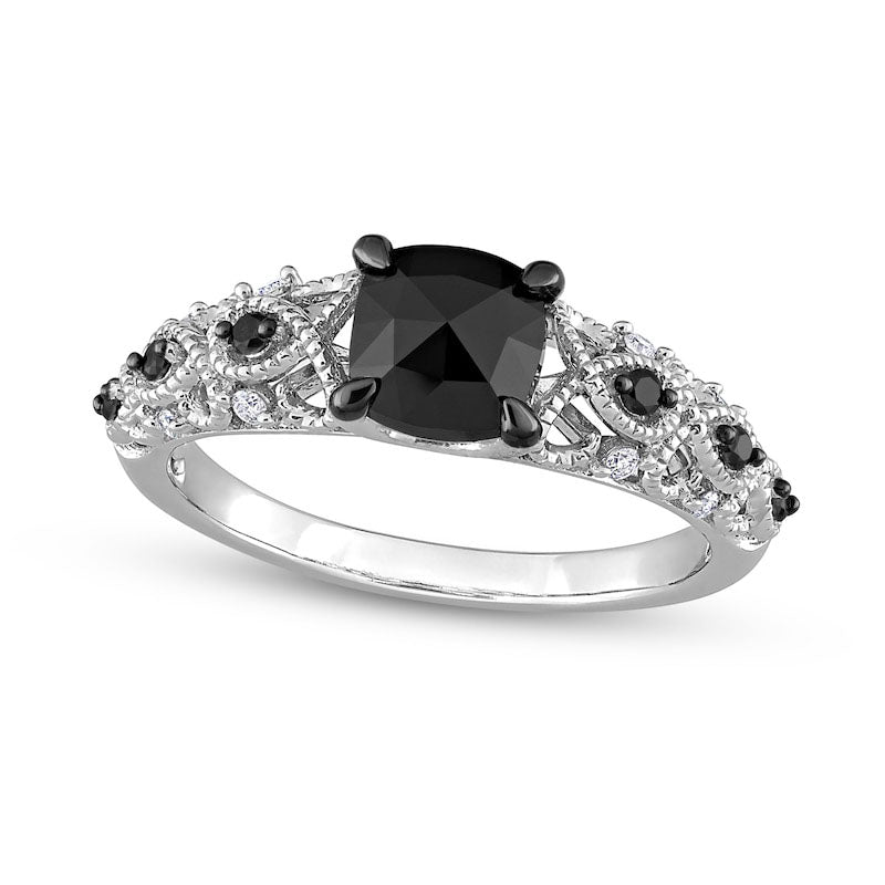 1.13 CT. T.W. Black Enhanced and White Cushion-Cut Natural Diamond Twist Shank Engagement Ring in Solid 14K White Gold