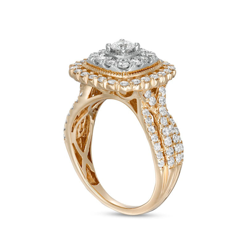 1.5 CT. T.W. Natural Diamond Double Cushion-Shaped Frame Twist Shank Engagement Ring in Solid 10K Yellow Gold