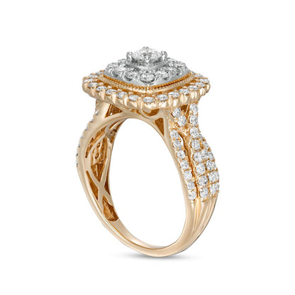 1.5 CT. T.W. Natural Diamond Double Cushion-Shaped Frame Twist Shank Engagement Ring in Solid 10K Yellow Gold