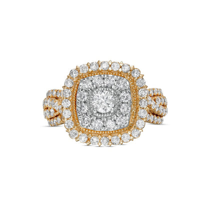 1.5 CT. T.W. Natural Diamond Double Cushion-Shaped Frame Twist Shank Engagement Ring in Solid 10K Yellow Gold
