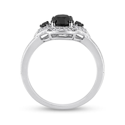 1.13 CT. T.W. Black Enhanced and White Natural Diamond Frame Three Stone Engagement Ring in Solid 14K White Gold