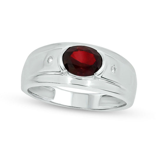 Men's Sideways Oval Lab-Created Ruby and Diamond Accent Bevelled Edge Ring in Sterling Silver
