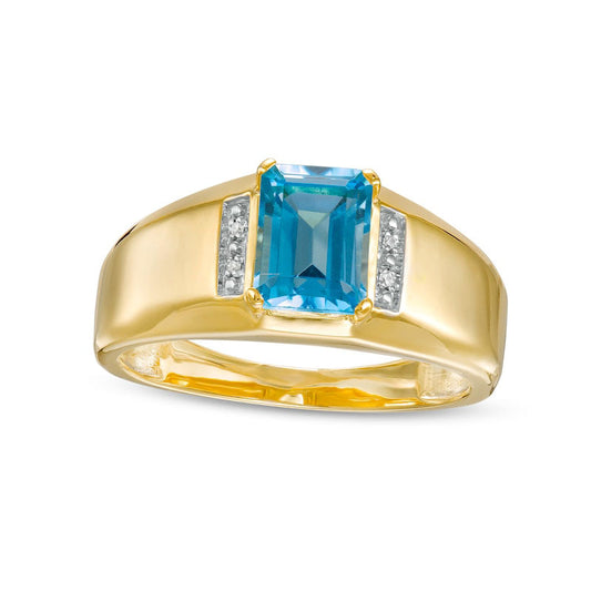 Men's Emerald-Cut Swiss Blue Topaz and Natural Diamond Accent Collar Ring in Solid 10K Yellow Gold