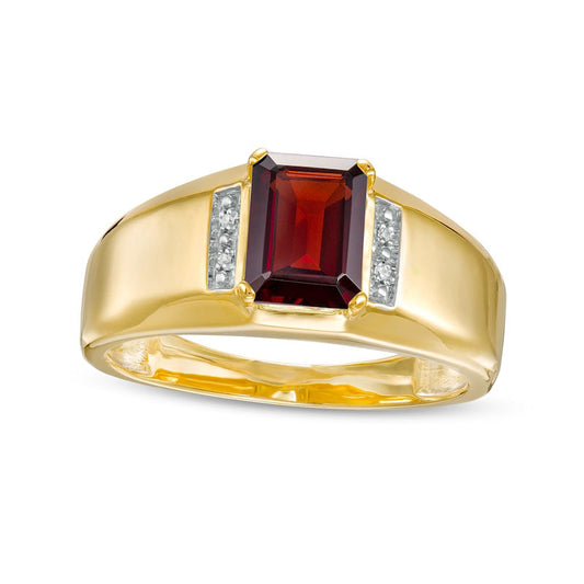 Men's Emerald-Cut Garnet and Natural Diamond Accent Collar Ring in Solid 10K Yellow Gold
