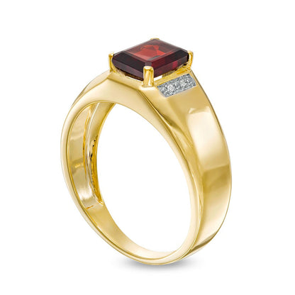 Men's Emerald-Cut Garnet and Natural Diamond Accent Collar Ring in Solid 10K Yellow Gold
