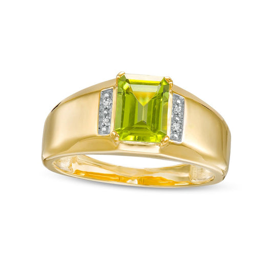 Men's Emerald-Cut Peridot and Natural Diamond Accent Collar Ring in Solid 10K Yellow Gold