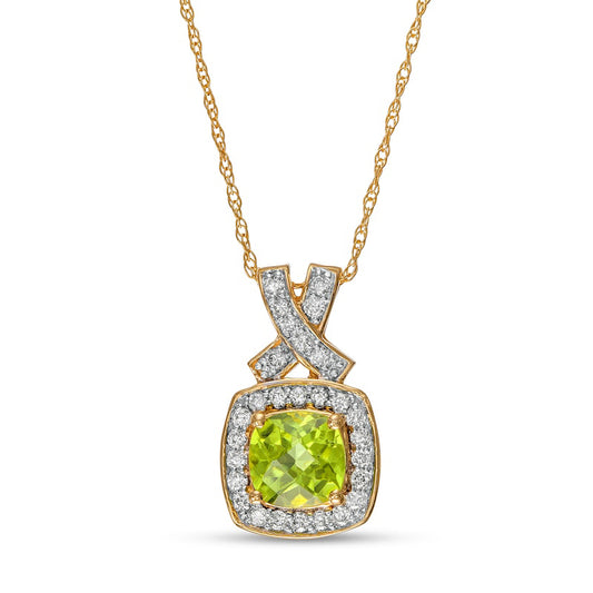 6.0mm Cushion-Cut Peridot and 0.2 CT. T.W. Natural Diamond Frame "X" Pendant in 14K Gold