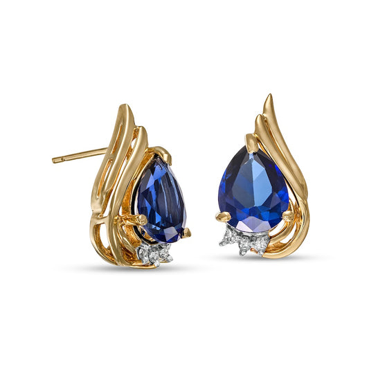 Pear-Shaped Blue Lab-Created Sapphire and 0.05 CT. T.W. Diamond Flame Stud Earrings in 10K Gold