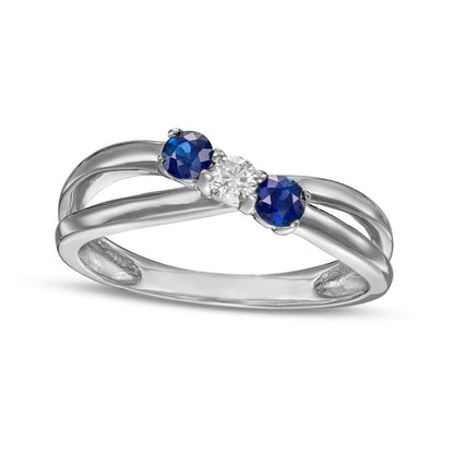 Blue Sapphire and 0.10 CT. Natural Diamond Three Stone Bypass Split Shank Ring in Solid 14K White Gold