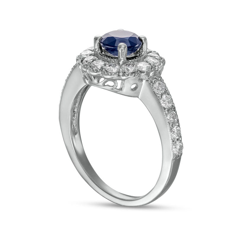 Blue Sapphire and 0.88 CT. T.W. Natural Diamond Flower Frame Antique Vintage-Style Ring in Solid 14K White Gold