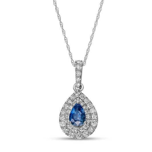 Pear-Shaped Blue Sapphire and 0.38 CT. T.W. Natural Diamond Double Frame Pendant in 14K White Gold