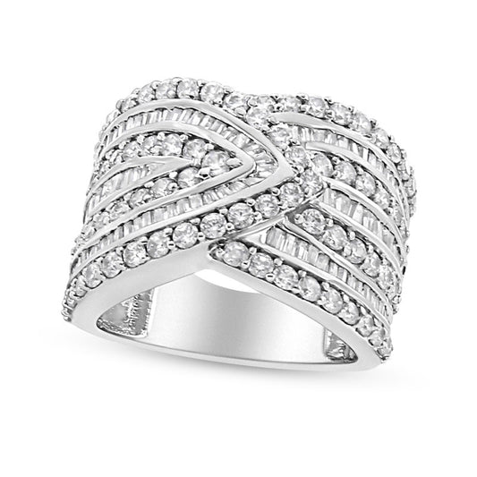 2.38 CT. T.W. Baguette and Round Natural Diamond Multi-Row Overlay Ring in Sterling Silver