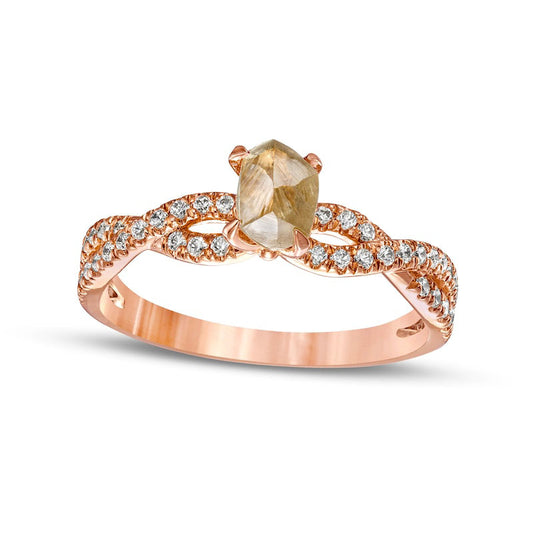 1.25 CT. T.W. Rough-Cut Champagne and White Natural Diamond Twist Shank Engagement Ring in Solid 14K Rose Gold