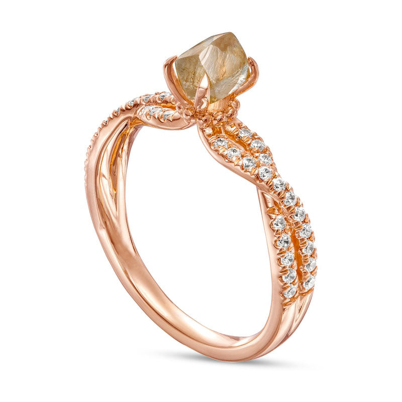 1.25 CT. T.W. Rough-Cut Champagne and White Natural Diamond Twist Shank Engagement Ring in Solid 14K Rose Gold
