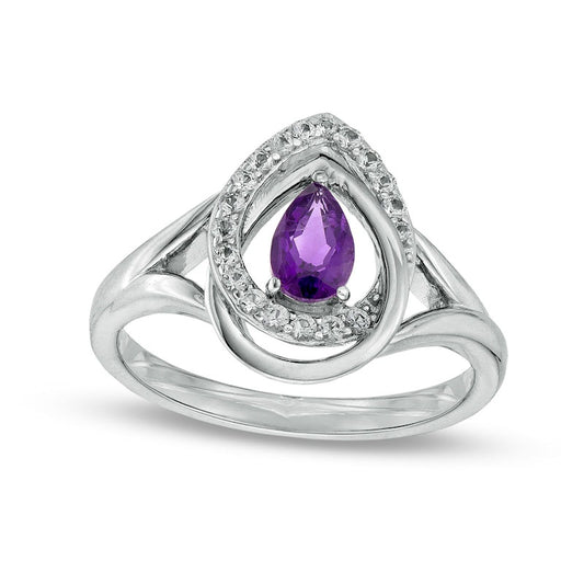 Pear-Shaped Amethyst and White Lab-Created Sapphire Double Interlocking Teardrop Split Shank Ring in Sterling Silver