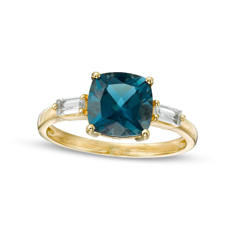 8.0mm Cushion-Cut London Blue and White Topaz Side Accent Ring in Solid 10K Yellow Gold