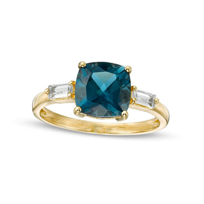 8.0mm Cushion-Cut London Blue and White Topaz Side Accent Ring in Solid 10K Yellow Gold