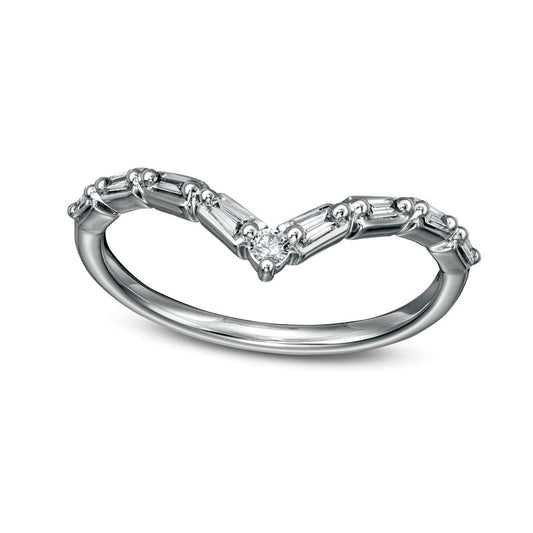 0.17 CT. T.W. Baguette and Round Natural Diamond Chevron Anniversary Band in Solid 14K White Gold