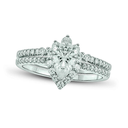 1.0 CT. T.W. Pear-Shaped Natural Diamond Frame Contour Bridal Engagement Ring Set in Solid 14K White Gold (I/I2)