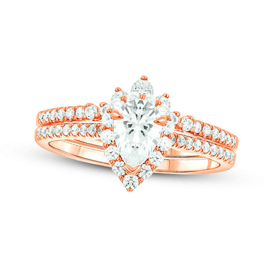 1.0 CT. T.W. Pear-Shaped Natural Diamond Frame Contour Bridal Engagement Ring Set in Solid 14K Rose Gold (I/I2)