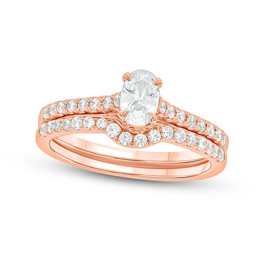 1.0 CT. T.W. Oval Natural Diamond Bridal Engagement Ring Set in Solid 14K Rose Gold (I/I2)