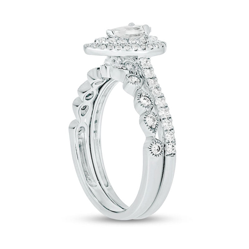 1.0 CT. T.W. Pear-Shaped Natural Diamond Double Frame Antique Vintage-Style Bridal Engagement Ring Set in Solid 10K White Gold (I/I2)