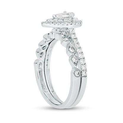 1.0 CT. T.W. Pear-Shaped Natural Diamond Double Frame Antique Vintage-Style Bridal Engagement Ring Set in Solid 10K White Gold (I/I2)