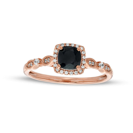 Cushion-Cut Black Sapphire and 0.10 CT. T.W. Natural Diamond Frame Art Deco Antique Vintage-Style Engagement Ring in Solid 10K Rose Gold
