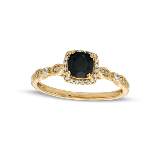 5.0mm Cushion-Cut Black Sapphire and 0.10 CT. T.W. Natural Diamond Frame Art Deco Antique Vintage-Style Engagement Ring in Solid 10K Yellow Gold