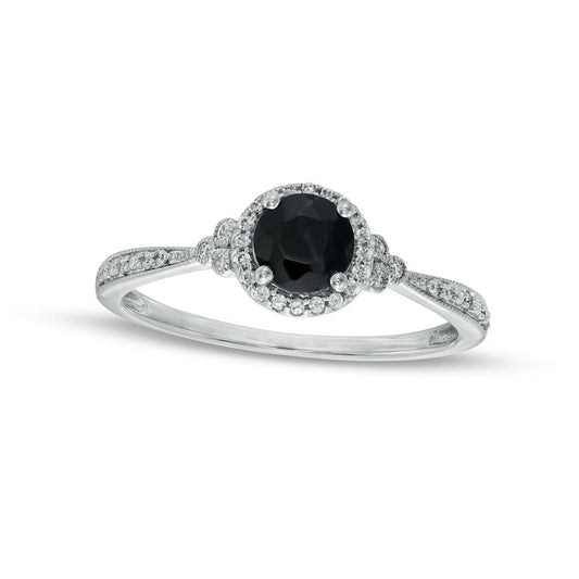 5.0mm Black Sapphire and 0.10 CT. T.W. Natural Diamond Framed Tri-Sides Antique Vintage-Style Engagement Ring in Solid 10K White Gold