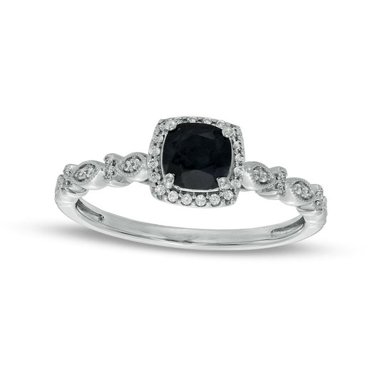 Cushion-Cut 5mm Black Sapphire and 0.10 CT. T.W. Natural Diamond Frame Art Deco Antique Vintage-Style Engagement Ring in Solid 10K White Gold