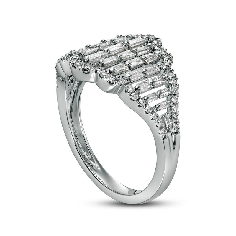 0.75 CT. T.W. Baguette and Round Natural Diamond Multi-Row Scallop Edge Ring in Solid 10K White Gold