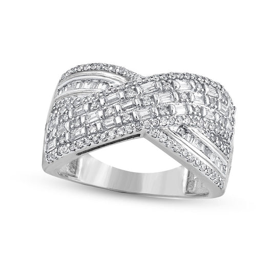 0.75 CT. T.W. Baguette and Round Natural Diamond Crossover Multi-Row Ring in Solid 10K White Gold