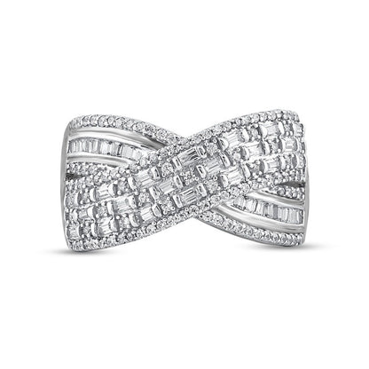 0.75 CT. T.W. Baguette and Round Natural Diamond Crossover Multi-Row Ring in Solid 10K White Gold