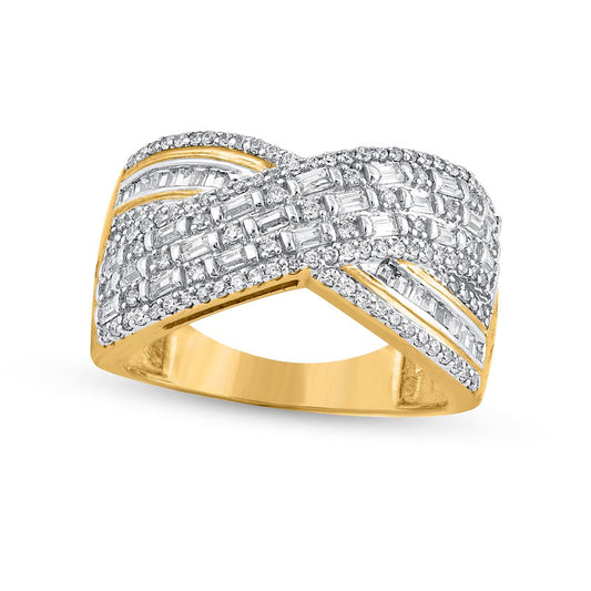 0.75 CT. T.W. Baguette and Round Natural Diamond Crossover Multi-Row Ring in Solid 10K Yellow Gold