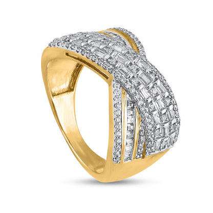 0.75 CT. T.W. Baguette and Round Natural Diamond Crossover Multi-Row Ring in Solid 10K Yellow Gold