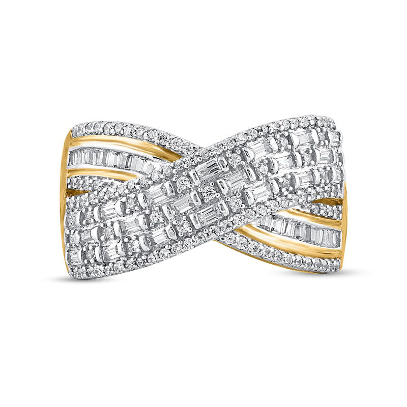 0.75 CT. T.W. Baguette and Round Natural Diamond Crossover Multi-Row Ring in Solid 10K Yellow Gold