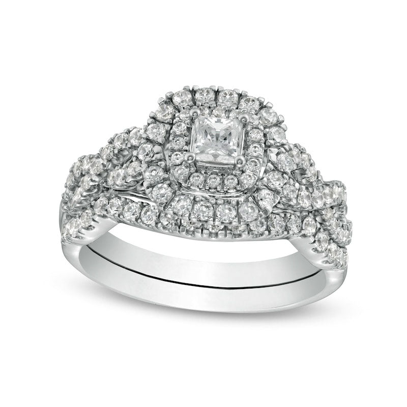 1.0 CT. T.W. Princess-Cut Natural Diamond Double Frame Twist Shank Bridal Engagement Ring Set in Solid 14K White Gold