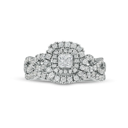 1.0 CT. T.W. Princess-Cut Natural Diamond Double Frame Twist Shank Bridal Engagement Ring Set in Solid 14K White Gold