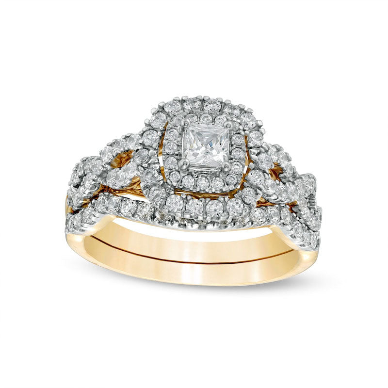 1.0 CT. T.W. Princess-Cut Natural Diamond Double Frame Twist Shank Bridal Engagement Ring Set in Solid 14K Gold