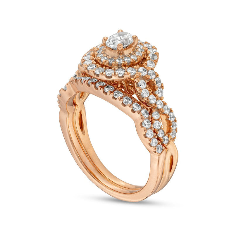 1.0 CT. T.W. Oval Natural Diamond Double Frame Twist Shank Bridal Engagement Ring Set in Solid 14K Rose Gold