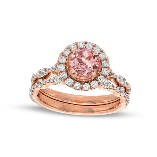 6.0mm Morganite and 0.75 CT. T.W. Natural Diamond Frame Scallop Shank Antique Vintage-Style Bridal Engagement Ring Set in Solid 10K Rose Gold