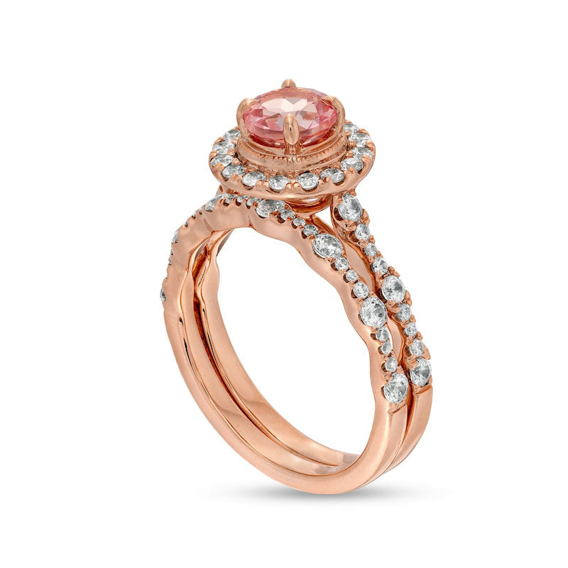 6.0mm Morganite and 0.75 CT. T.W. Natural Diamond Frame Scallop Shank Antique Vintage-Style Bridal Engagement Ring Set in Solid 10K Rose Gold