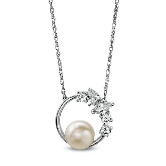 Cultured Freshwater Pearl and Multi-Shape White Lab-Created Sapphire Scatter Open Circle Necklace in Sterling Silver