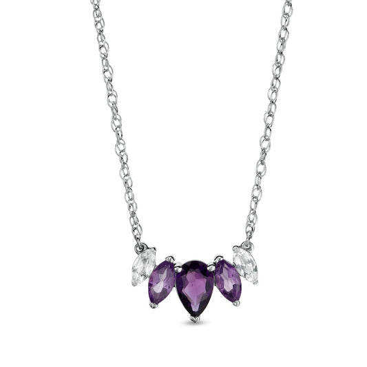 Pear-Shaped and Marquise Amethyst and White Lab-Created Sapphire Graduated Five Stone Curved Necklace in Sterling Silver