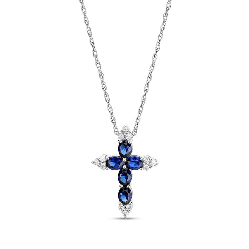 Oval Blue and White Lab-Created Sapphire Tri-Point Cross Pendant in Sterling Silver