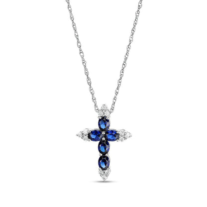 Oval Blue and White Lab-Created Sapphire Tri-Point Cross Pendant in Sterling Silver