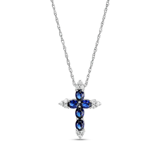 Oval Blue and White Lab-Created Sapphire Tri-Point Cross Pendant in Sterling Silver