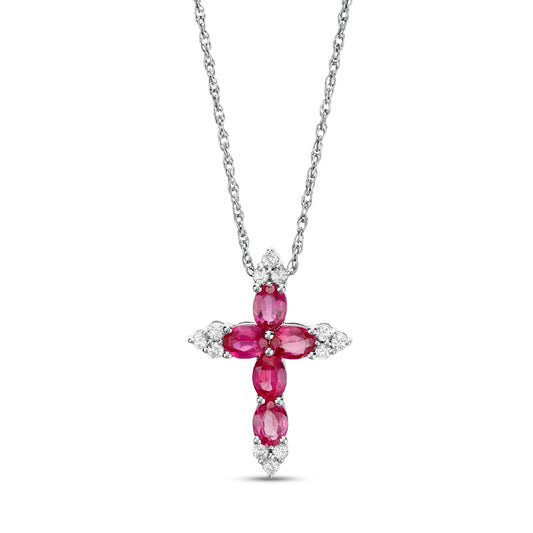 Oval Lab-Created Ruby and White Sapphire Tri-Point Cross Pendant in Sterling Silver