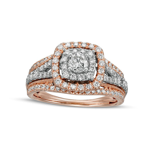 1.0 CT. T.W. Natural Diamond Double Cushion-Shaped Frame Antique Vintage-Style Engagement Ring in Solid 14K Rose Gold (I/I2)